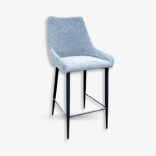 Bentley bar stool in grey fabric with black metal legs and footrest