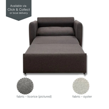 Eric Single Sofa Bed extended into bed position in licorice fabric, front angle displaying mattress and structured sides.