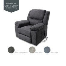 Flinders Power Lift Recliner Chair in Onyx fabric. Shown in upright position with Click & Collect available
