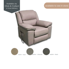 Front-facing view of Flinders Power Lift Recliner Chair in Taupe leather, with classic padded arms and backrest