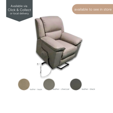 Flinders leather recliner chair in Taupe, shown lifting. Electric-powered support for easier standing
