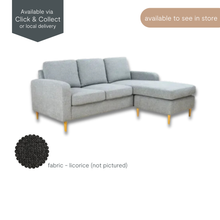 Frankie Reversible Chaise Sofa Bed in grey fabric, shown in sofa configuration with timber legs and modern silhouette.