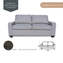 Maxwell Double Sofa Bed in charcoal fabric with clean lines and padded cushions, shown in upright sofa position with dimensions.