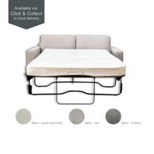 Riley Double Sofa Bed in oyster fabric, extended to bed position with white mattress.