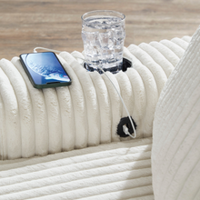 Detail of USB port and cupholder on Lindyn Oversized Chaise – requires plug converter in Australia.