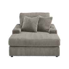 Front view of Lindyn Oversized Chaise in Fog fabric with wide armrest – Caesars Griffith.
