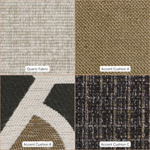 Heartcort Quartz 3-seater sofa fabric options – Quartz body fabric with Accent Cushions A, B and C in coordinated tones – available at Caesars Furniture Griffith.