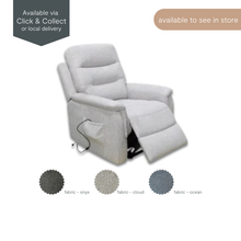 Jenny Dual Motor Fabric Lift Chair in Cloud – shown in reclined position with matching fabric swatches (Onyx, Cloud, Ocean) and Click & Collect or local delivery badge.
