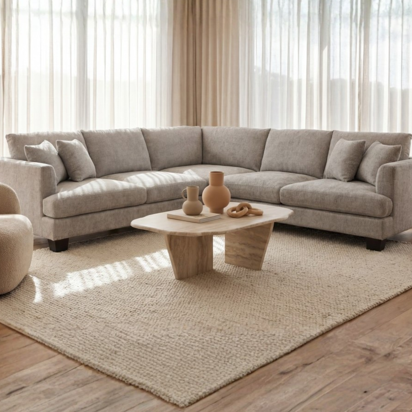 Anthem corner lounge in a modern living room setting with neutral tones and timber furniture