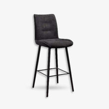 Capri fabric bar stool in Opal Linen Midnight with black metal legs and integrated footrest