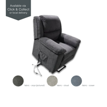Flinders Power Lift Recliner Chair lifting forward in Onyx fabric, with wired remote and side pocket visible