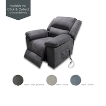 Flinders recliner chair in Onyx fabric, shown in fully reclined position with extended leg rest