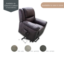 Flinders Power Lift Recliner Chair in Rhino Jet Black. Shown with lift function in use and wired remote connected