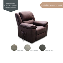 Flinders Lift Recliner Chair in Rhino Jet Black fabric, displayed upright. Available in store for local delivery or Click & Collect