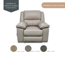 Flinders Lift Recliner Chair in genuine leather Taupe finish. Available to view in store