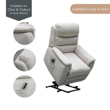Baxter Power Lift Recliner Chair with StayDry Performance Fabric. Shown in lift position with close-up views of fabric texture, armrest padding and side remote pocket