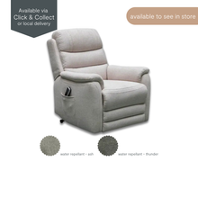 Baxter electric lift recliner chair in Ash colour StayDry Performance Fabric. Available to view in store in Ash or Thunder water-repellent finishes