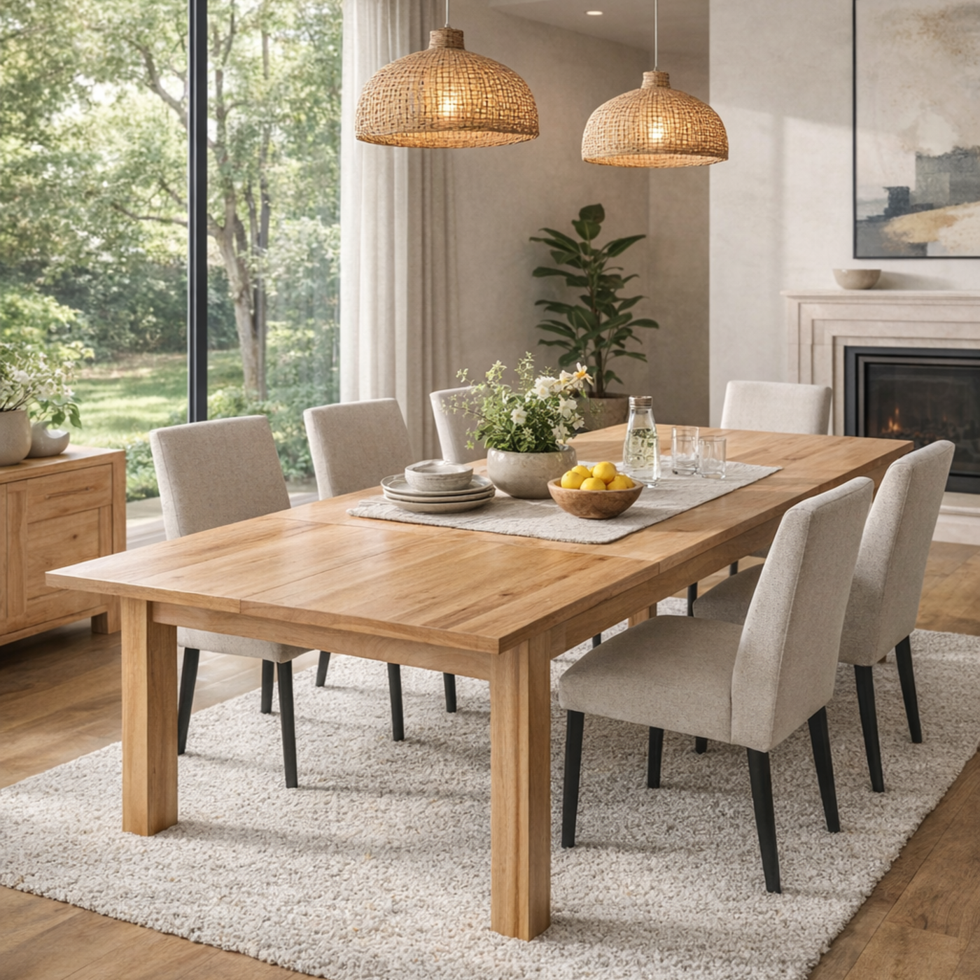 Messmate timber extension dining table styled in a modern dining space with upholstered chairs