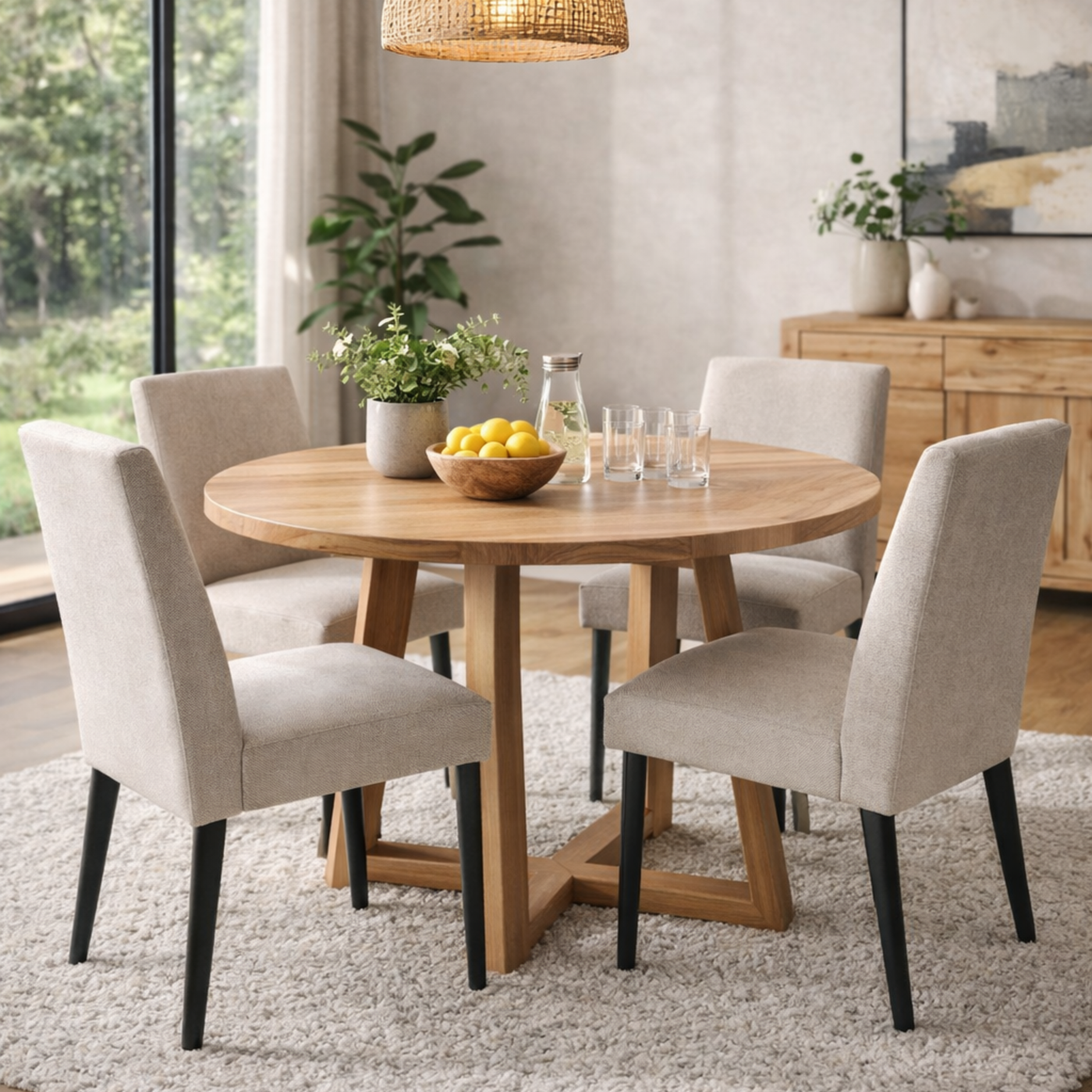 Round messmate timber dining table styled in a modern home with upholstered dining chairs
