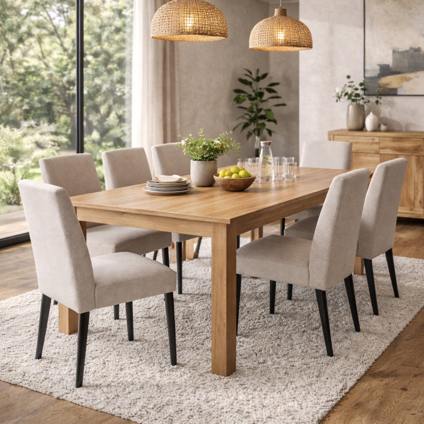Messmate timber dining table styled in a bright home with upholstered dining chairs, pendant lighting and neutral interior