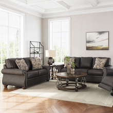 Ashley Shadsburne 2 Seater Sofa shown with matching 3 Seater and Recliner in Earth Granite leather-look fabric; styled living room suite at Caesars Furniture Griffith.