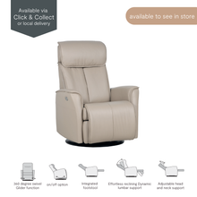 Christian Recliner in beige leather, angled view with footrest retracted