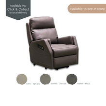 Cosmo electric recliner chair in leather with fabric swatches in light grey, charcoal and black. Available for click and collect or local delivery