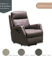 Cosmo electric recliner chair in leather with fabric swatches in light grey, charcoal and black. Available for click and collect or local delivery