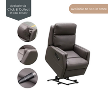 Cosmo leather power lift recliner chair shown in lift position with close-ups of armrest, side padding, and easy-to-use remote control