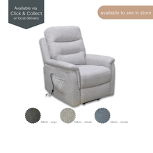 Jenny Dual Motor Fabric Lift Chair in Cloud – shown in upright seated position with fabric swatches (Onyx, Cloud, Ocean) and Click & Collect or local delivery badge.