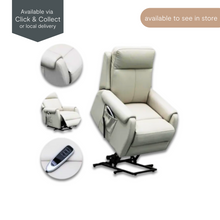 Lygon dual motor lift chair in light grey leather, showing reclined position, stitching detail and handheld remote control – ideal for comfort and support