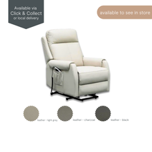 Lygon leather lift chair in light grey with leather colour options – black, charcoal and light grey – available via click and collect or local delivery