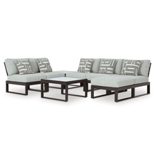 Full modular outdoor sofa set with coffee tables and cushions on white background
