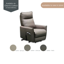 Paris Dual Motor Leather Lift Chair in Charcoal – shown with side pocket and available in Light Grey, Charcoal, or Black thick leather.