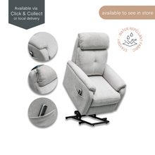 Rye electric lift chair demonstrating 4-motor recline, headrest and lumbar adjustability, upholstered in StayDry Ash water-repellent fabric with remote control close-up