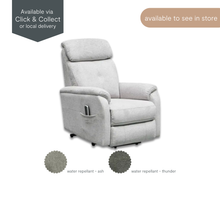 Rye large power lift recliner in StayDry Ash fabric with water-repellent protection, shown with available fabric swatches Thunder and Ash