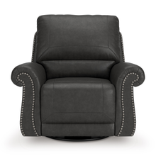 Front view of Shadsburne swivel recliner chair with plush cushioning and studded rolled arms.