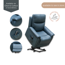 Close-up views and full image of Spain dual motor lift chair in StayDry fabric, highlighting smooth lift action and remote control pocket.