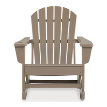 Front view of Sundown Treasure beige outdoor rocking chair showing wide back slats and armrests, available in Griffith.