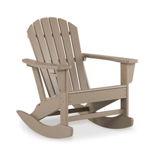 Sundown Treasure outdoor rocking chair in beige finish – weather-resistant recycled polywood Adirondack design, available at Caesars Furniture Griffith NSW.