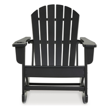 Front view of Sundown Treasure black rocking chair showing wide curved back and cupholder arms.