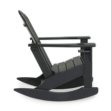 Side angle of black Sundown Treasure polywood rocking chair – ergonomic and fade-resistant.