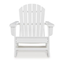 Front view of Sundown Treasure white rocking chair showing contoured seat and tall slatted back.