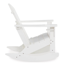 Side view of white Sundown Treasure Adirondack-style outdoor rocker – made for comfort and durability.
